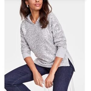INC Silver Sequin Ribbed Hooded Sweater - S